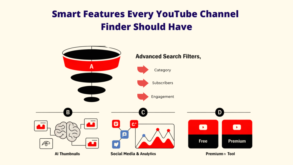 Smart features every YouTube Channel Finder should have: Advanced Search Filters (Category, Subscribers, Engagement), AI Thumbnails, Social Media & Analytics, and Free/Premium options.Smart features every YouTube Channel Finder should have: Advanced Search Filters (Category, Subscribers, Engagement), AI Thumbnails, Social Media & Analytics, and Free/Premium options.