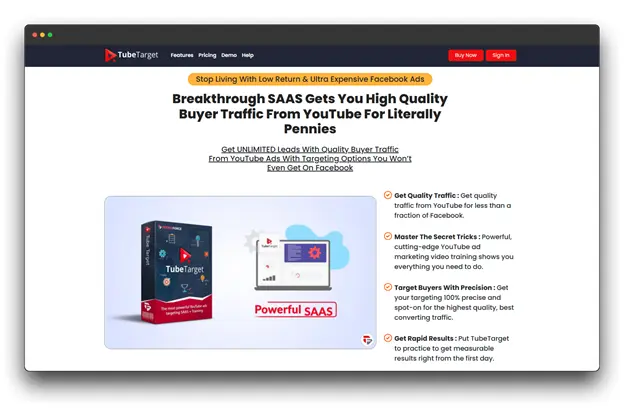 A screenshot of the TubeTarget website, featuring a headline about getting high-quality buyer traffic from YouTube Ads and details about the SAAS platform's benefits for YouTube Advertising. The page highlights features for successful YouTube Advertising campaigns and managing YouTube Ads.