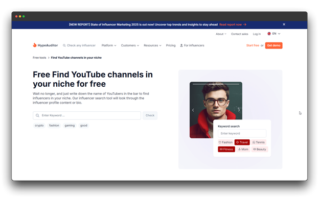  HypeAuditor's "Free Find YouTube channels in your niche for free" search tool, acting as a YouTube Channel Finder.