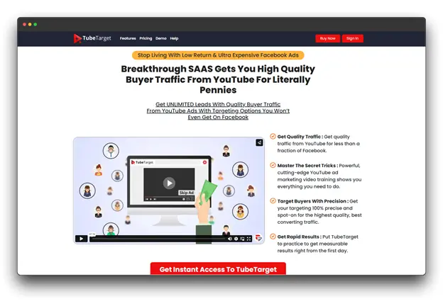 The TubeTarget website promotes "Breakthrough SAAS Gets You High Quality Buyer Traffic From YouTube For Literally Pennies." This showcases a YouTube Tool focused on driving traffic, a key YouTube Success Secret for Top Creators.