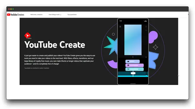 The YouTube Creators page introduces "YouTube Create (BETA)" with text stating it offers "easy-to-use tools" and "royalty-free music." This image showcases an official YouTube Tool for Top Creators to achieve YouTube Success Secrets in content creation.